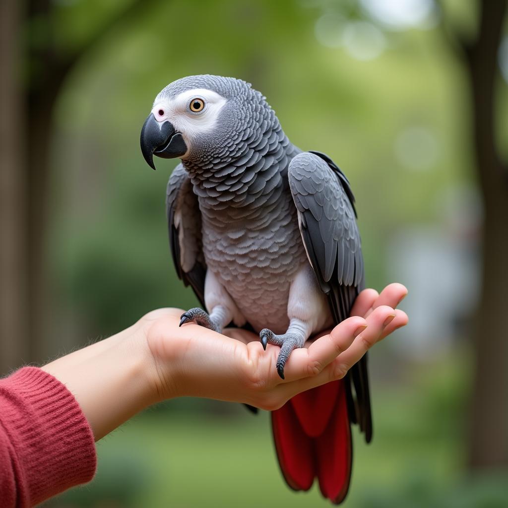 African Grey Parrot Interacting with Owner