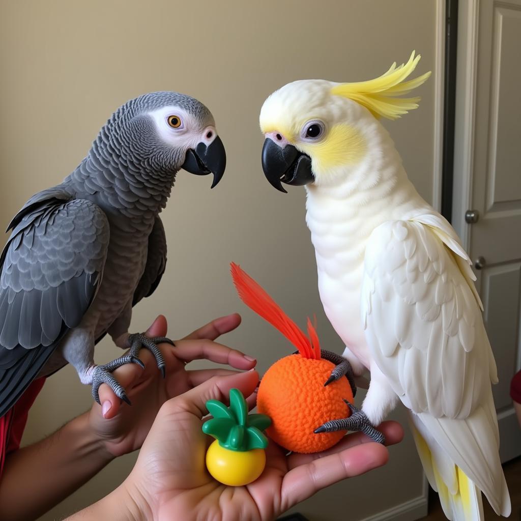 African Grey Parrot Interacting with Owner vs Cockatoo Playing with Toy