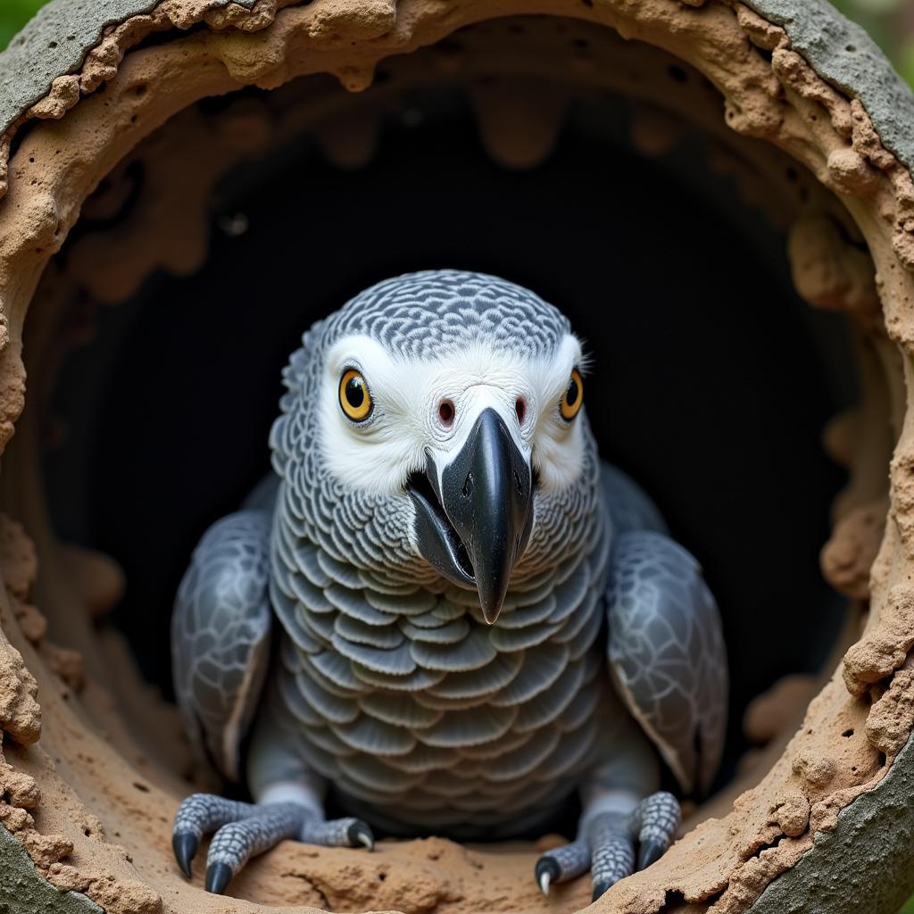 African Grey Parrot Leaving Nest Cavity