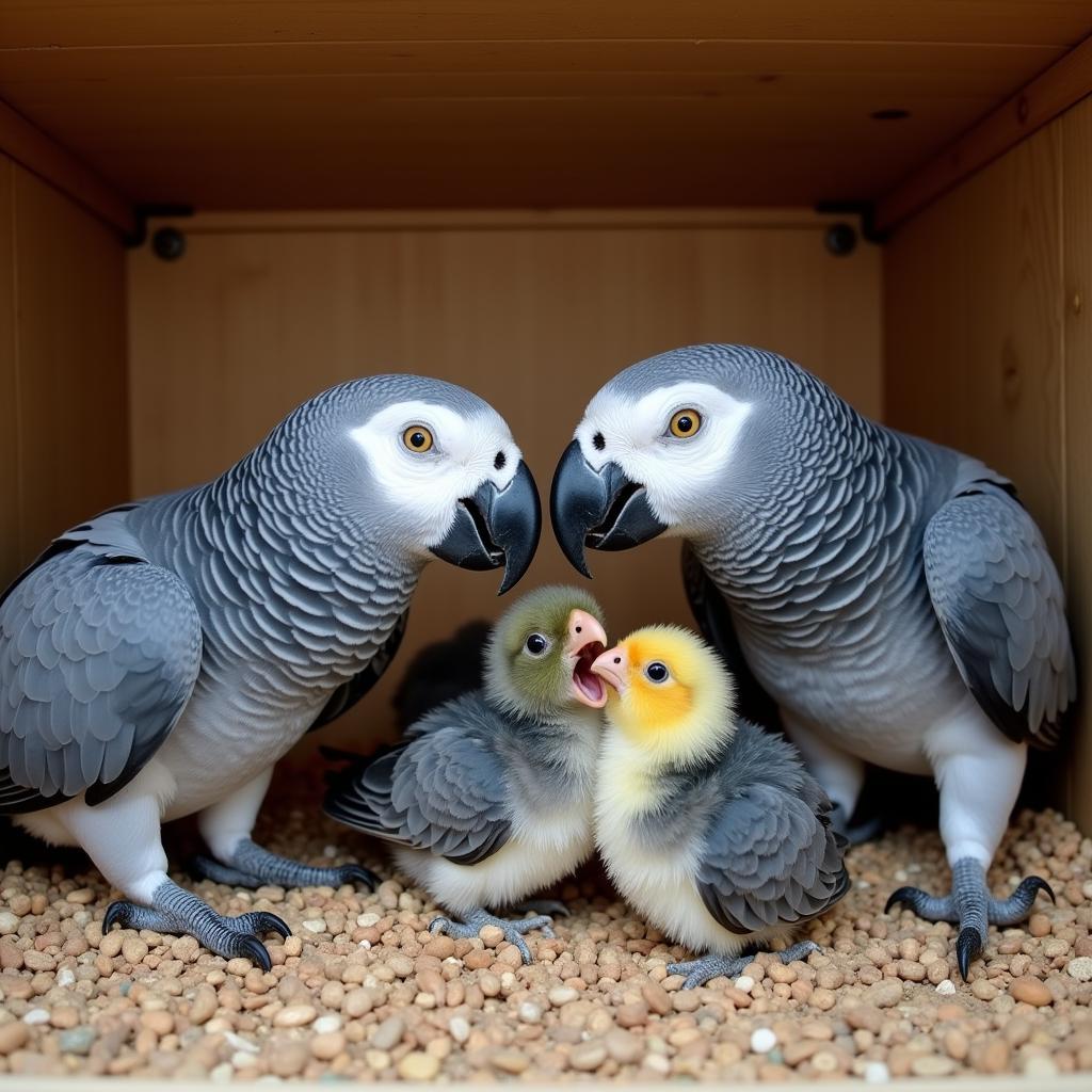 African Grey Parrot Parents Feeding Chicks