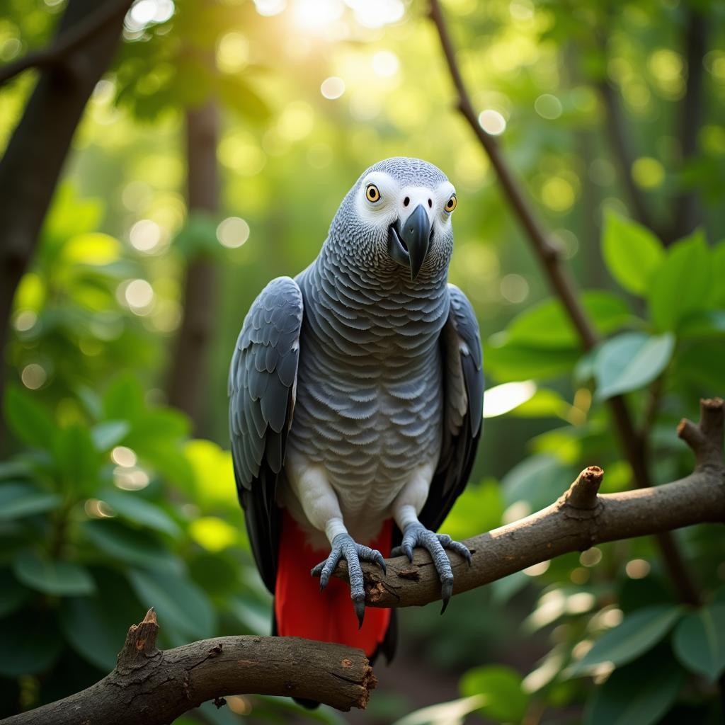 African Grey Parrot perched on a branch