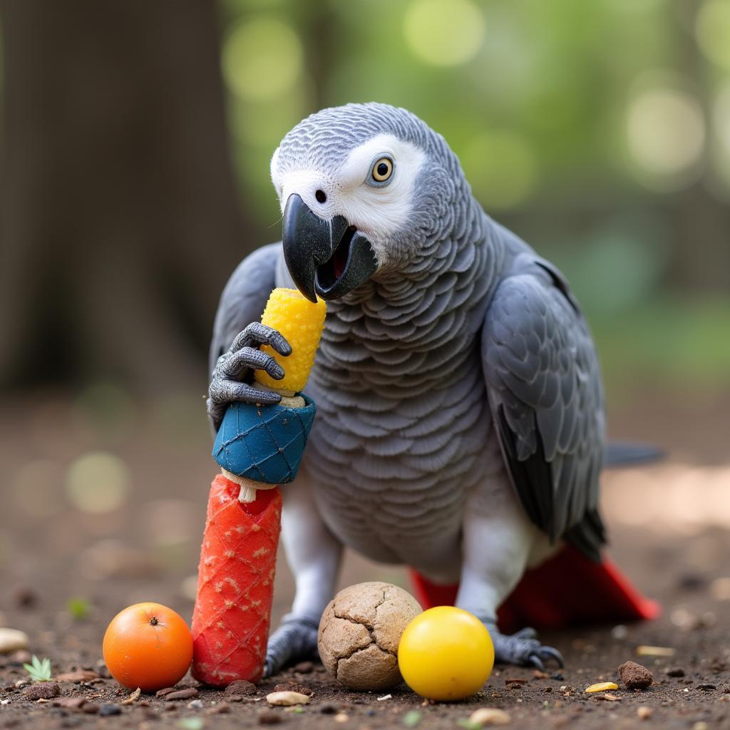 African Grey Parrot Engaging with a Toy