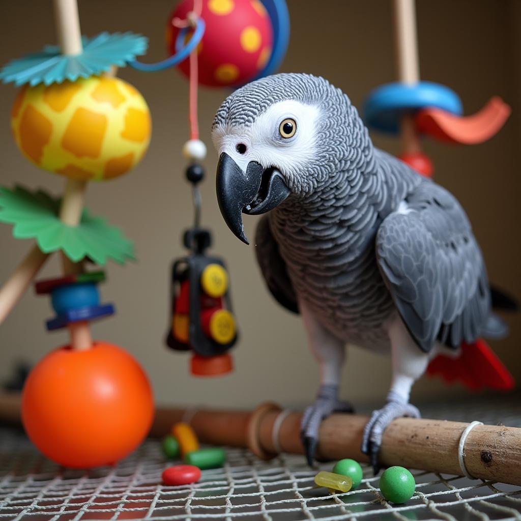 African Grey Parrot Playing with Toys