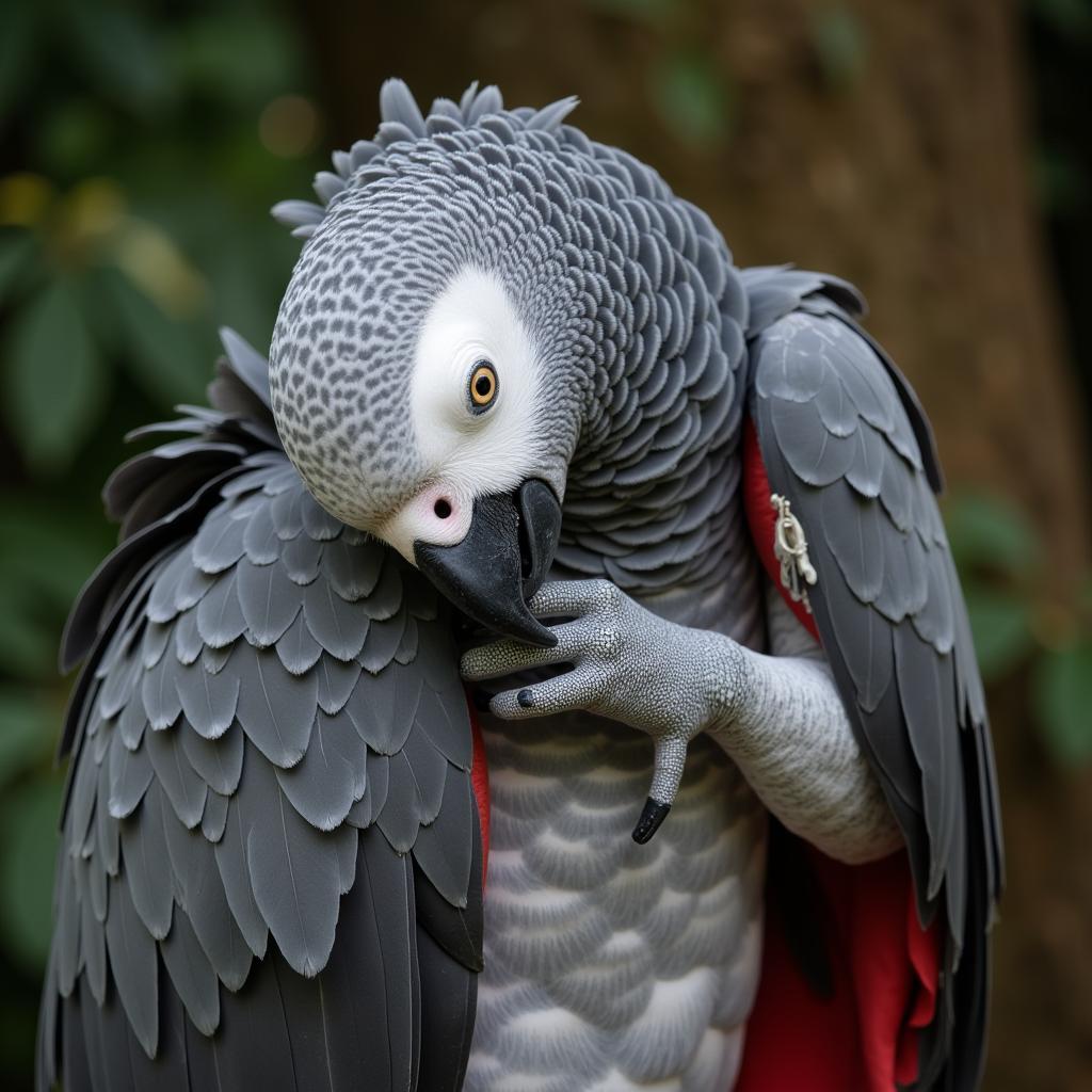 African Grey Parrot Preening its Feathers for Optimal Health