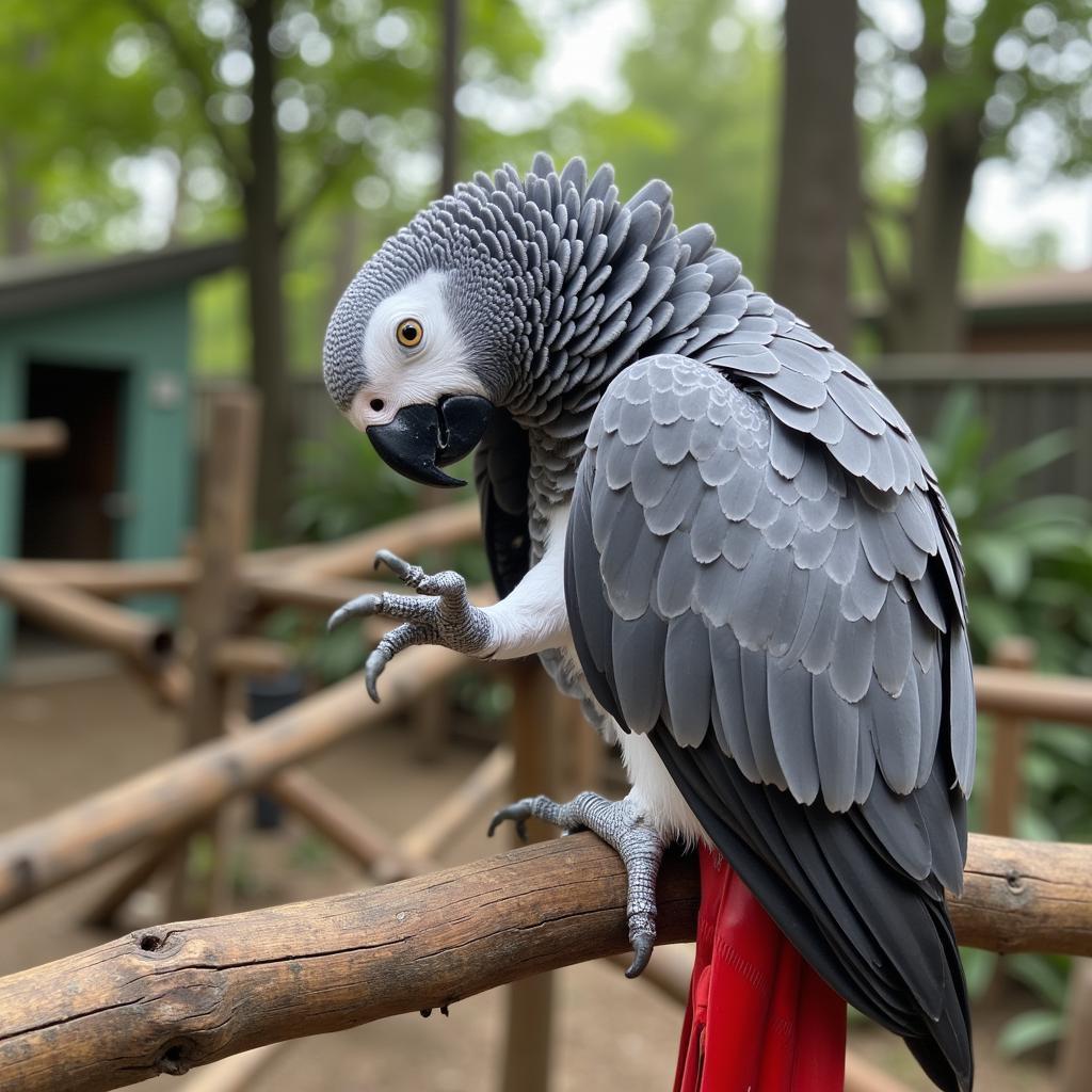 African Grey Parrot Preening in its Outdoor Aviary