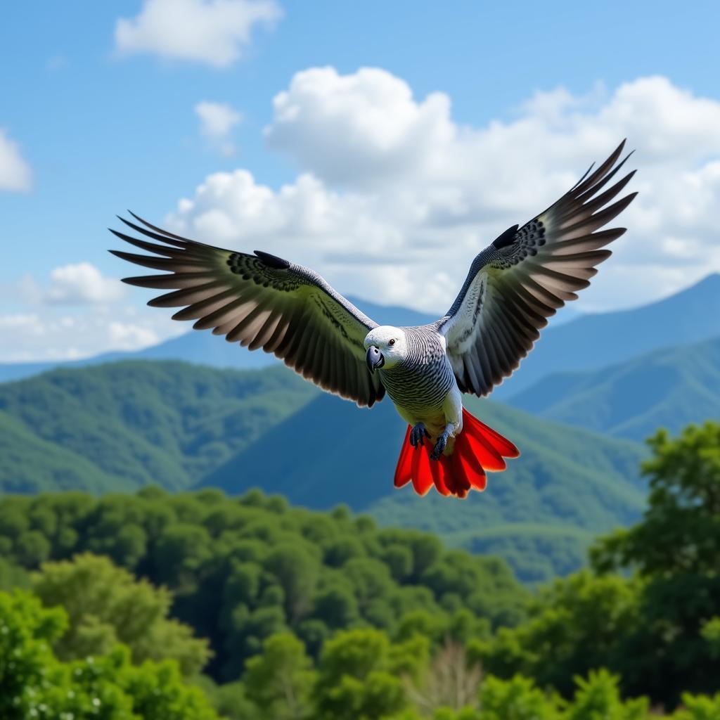 African Grey Parrot Soaring Through African Sky