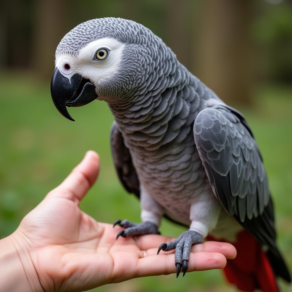 African Grey Parrot Stepping Up on a Hand