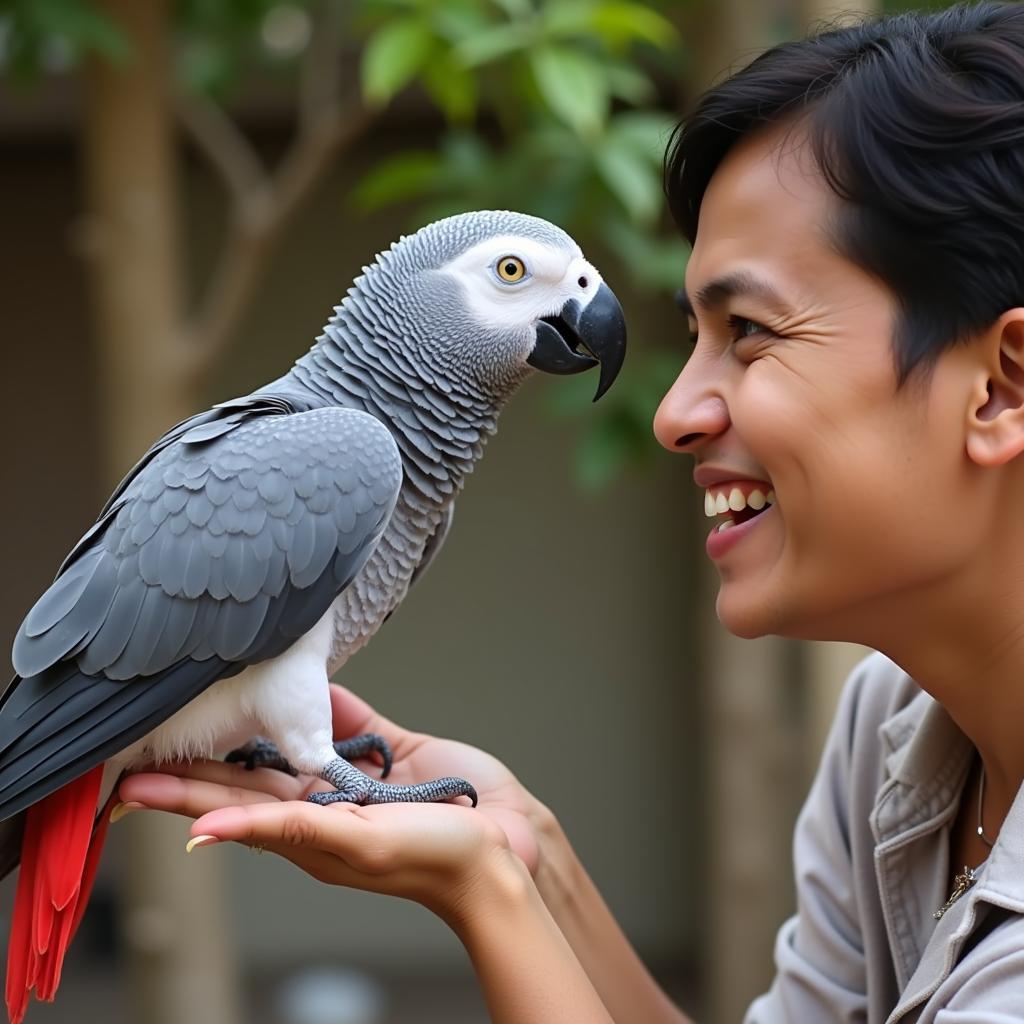 African Grey Parrot Talking to its Owner