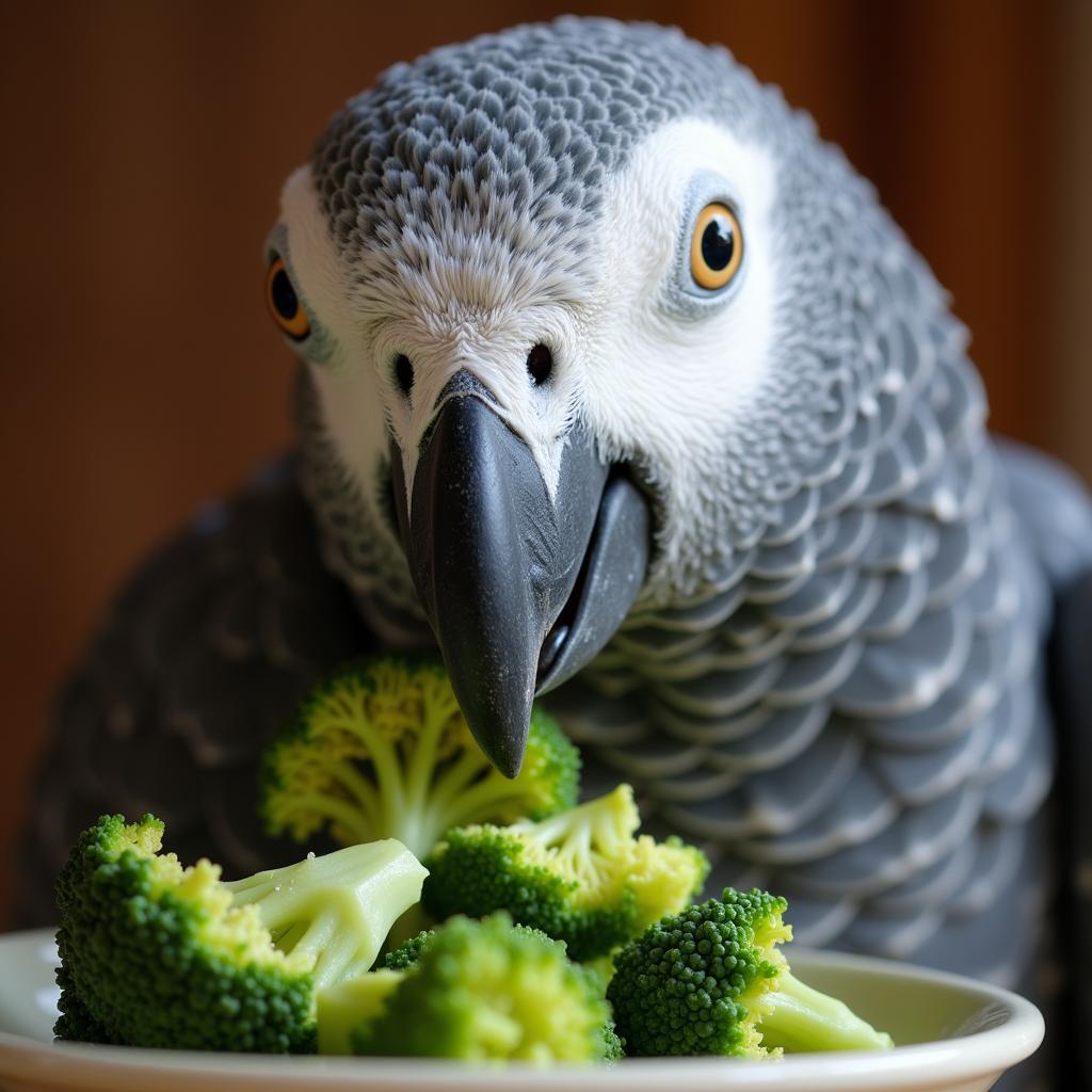 African Grey Parrot Trying New Vegetables