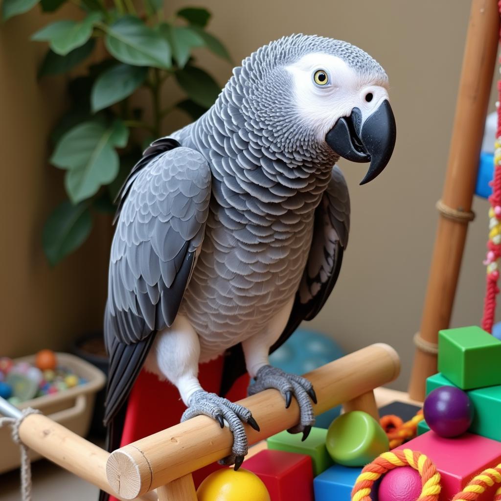 African Grey Parrot enjoying toys and accessories