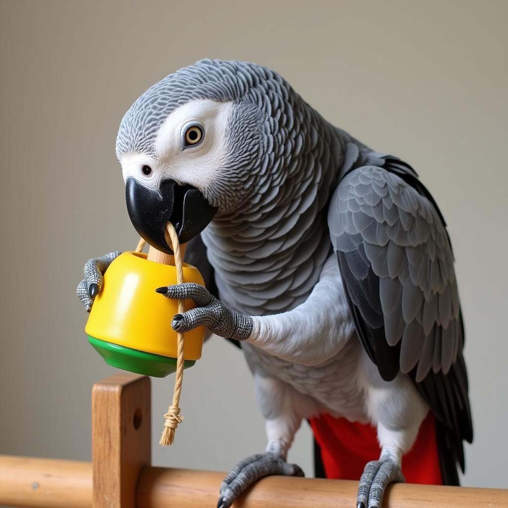 African Grey Parrot Enjoying Playtime with a Colorful Toy