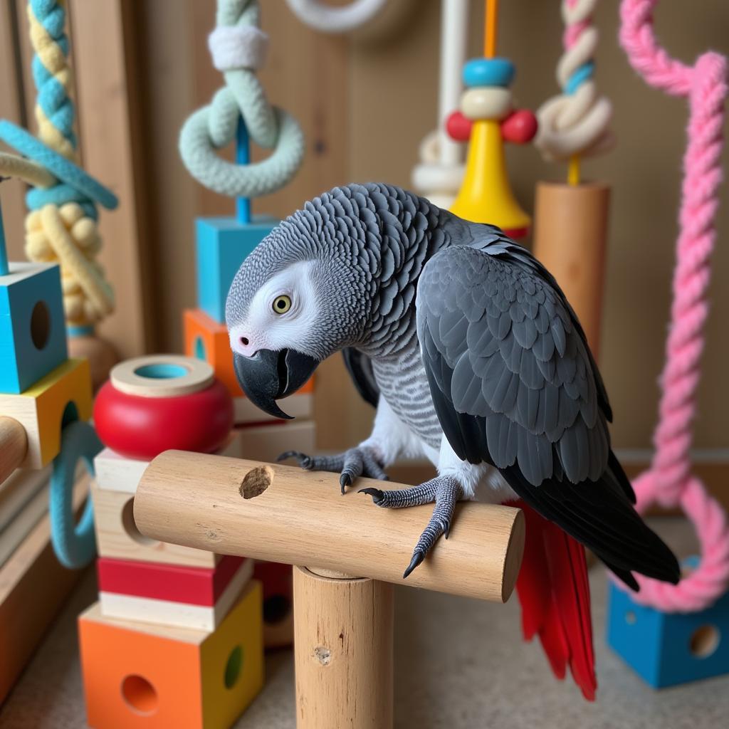 African Grey Parrot Interacting with Toys in a UK Home