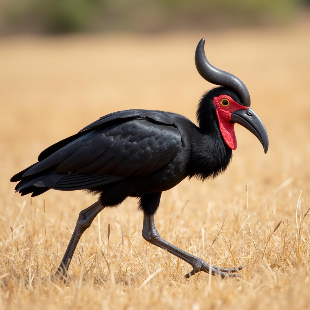 African ground hornbill foraging in the savanna