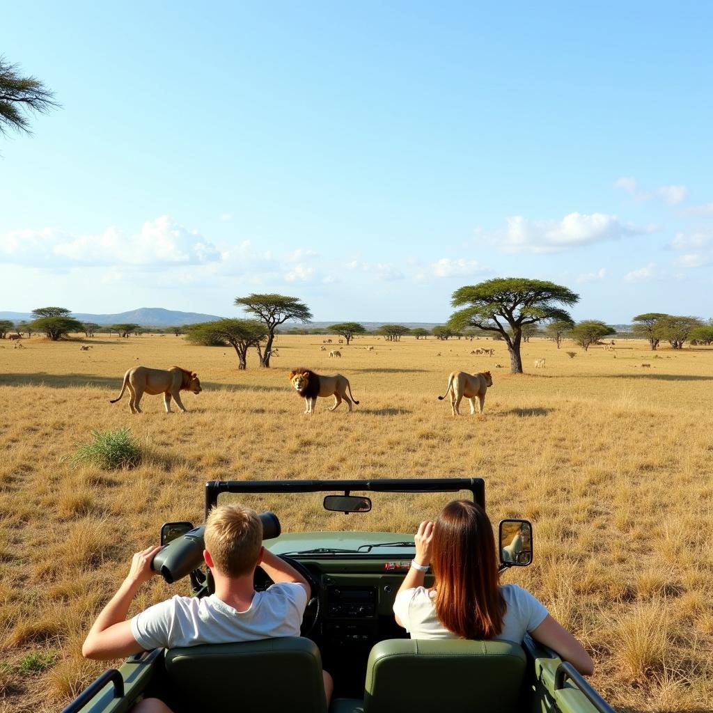 Group of Tourists on a Wildlife Safari in Serengeti National Park