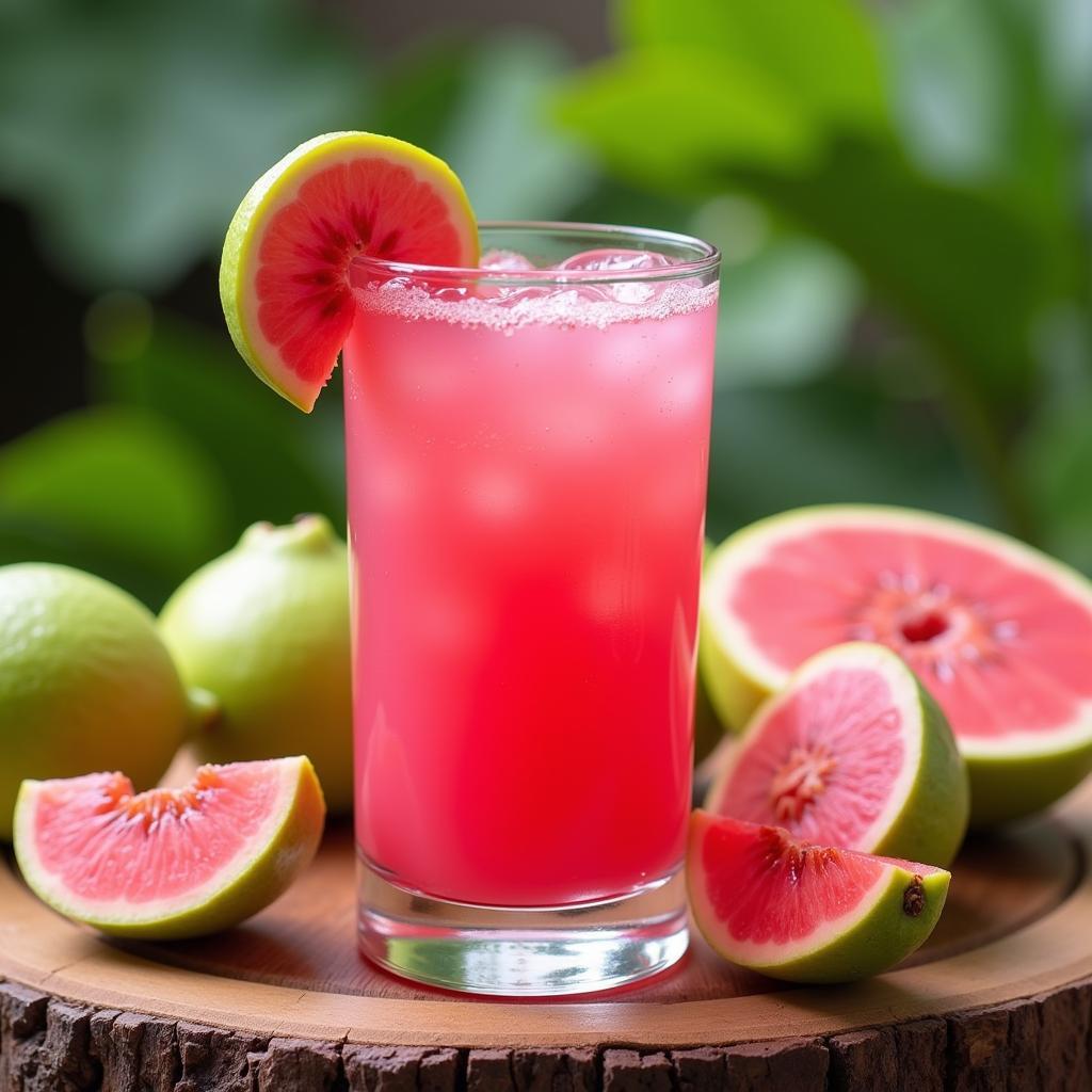 A glass of refreshing African guava juice with fresh guava slices.