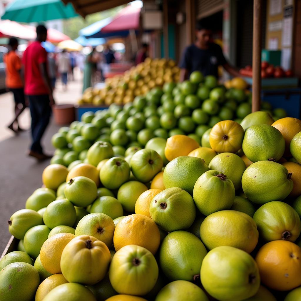 Vibrant display of fresh African guavas at a local market.