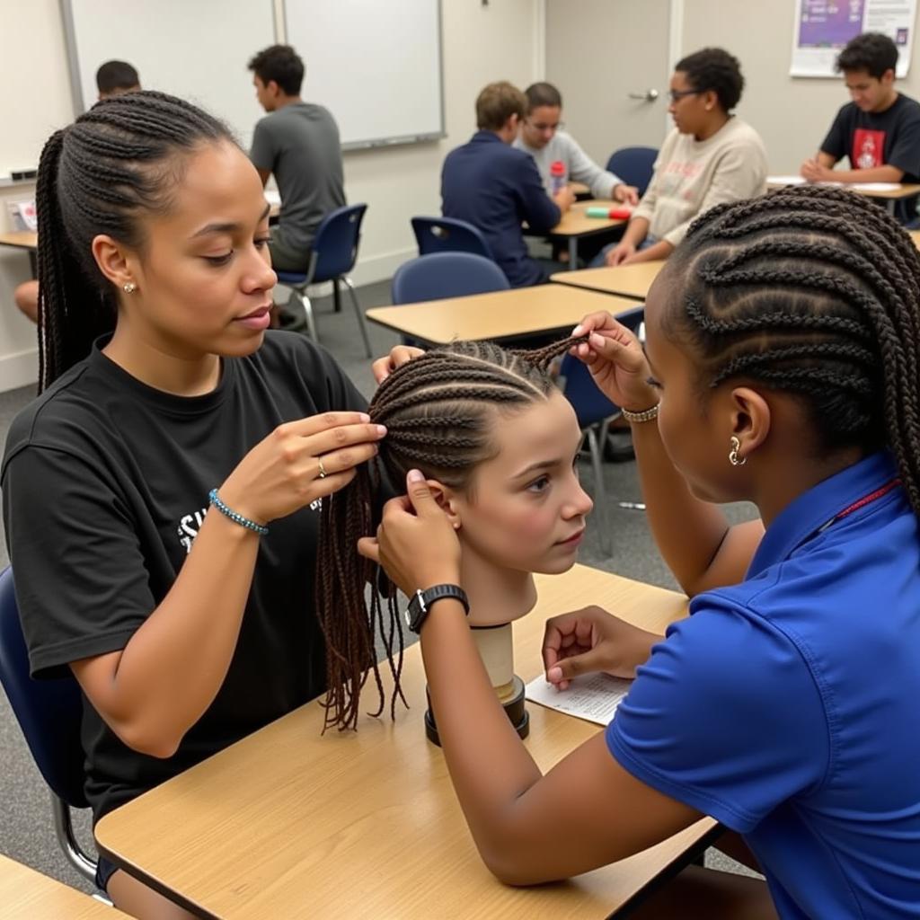 Students learning cornrows in an African hair braiding class