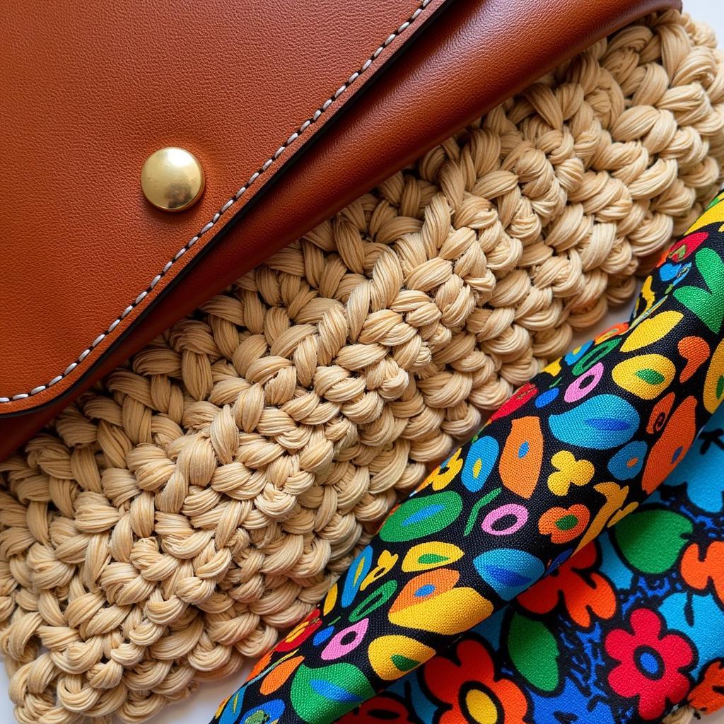 Close-up of the diverse materials used in creating African handbags: leather, raffia, beads, and traditional fabrics.