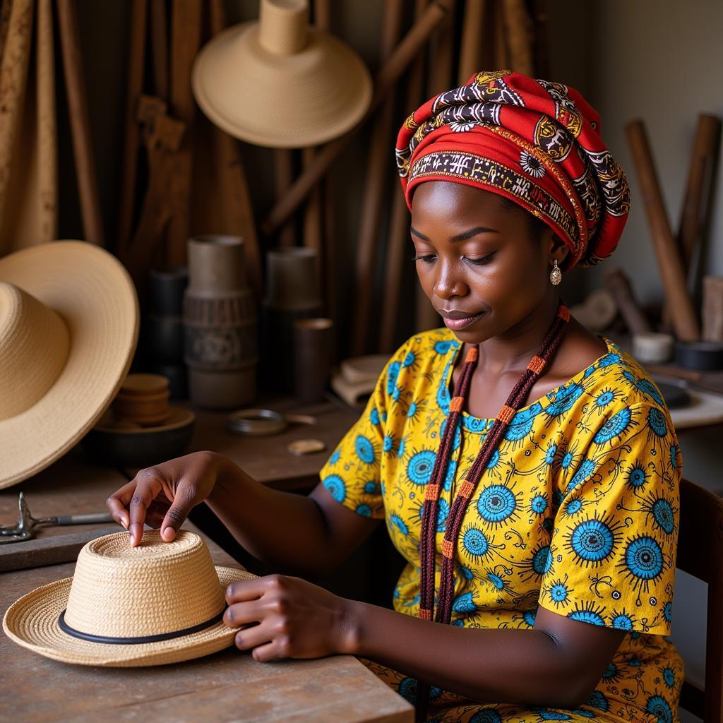 An African artisan crafting a hat