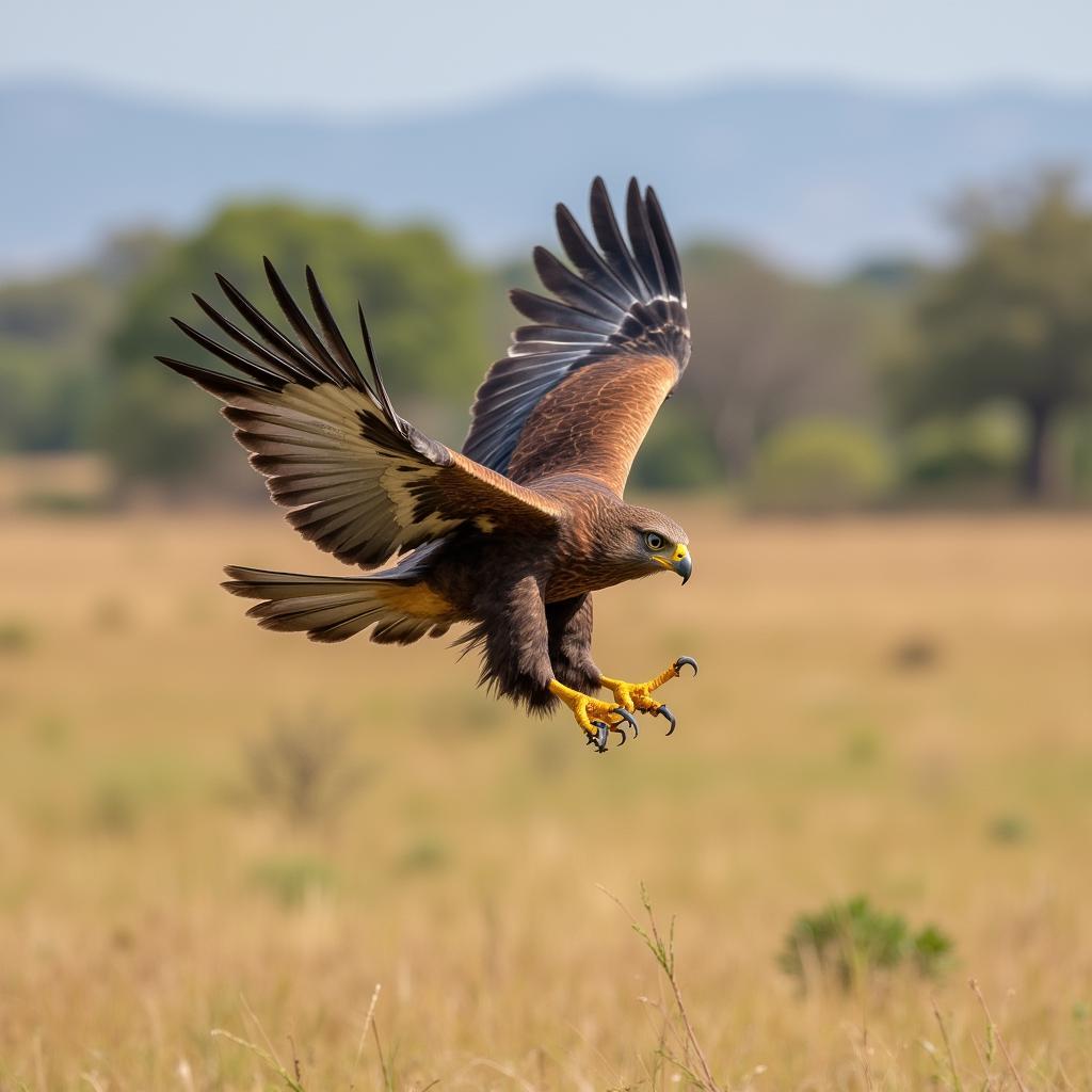 African Hawk Eagle Hunting in Savanna