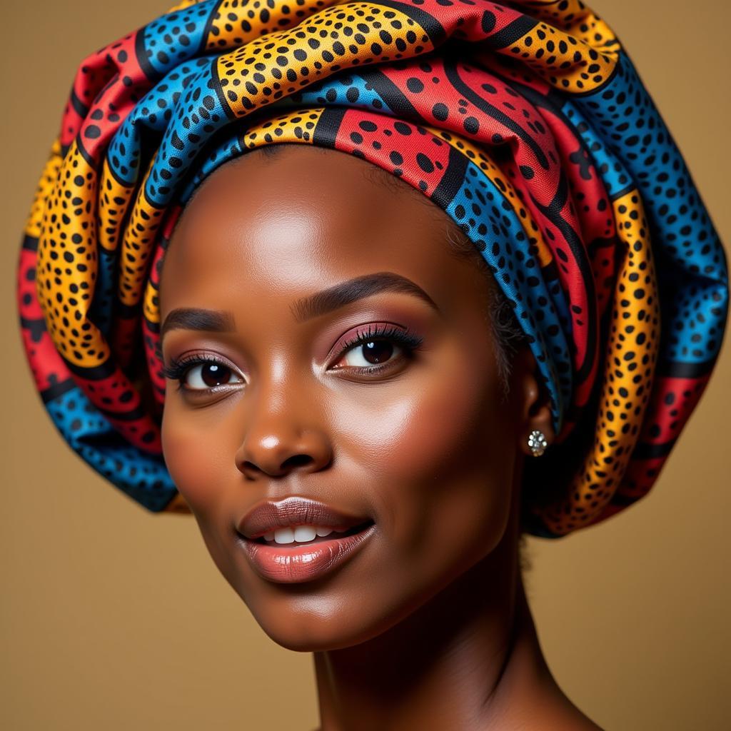 A vibrant gele headwrap worn by a Nigerian woman during a celebration