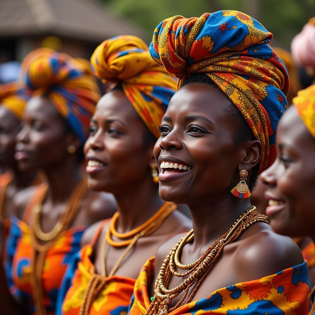 Women in Colorful Head Wraps at a Traditional Ceremony