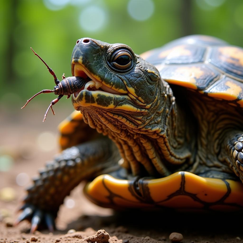 African Helmeted Turtle Eating Insect