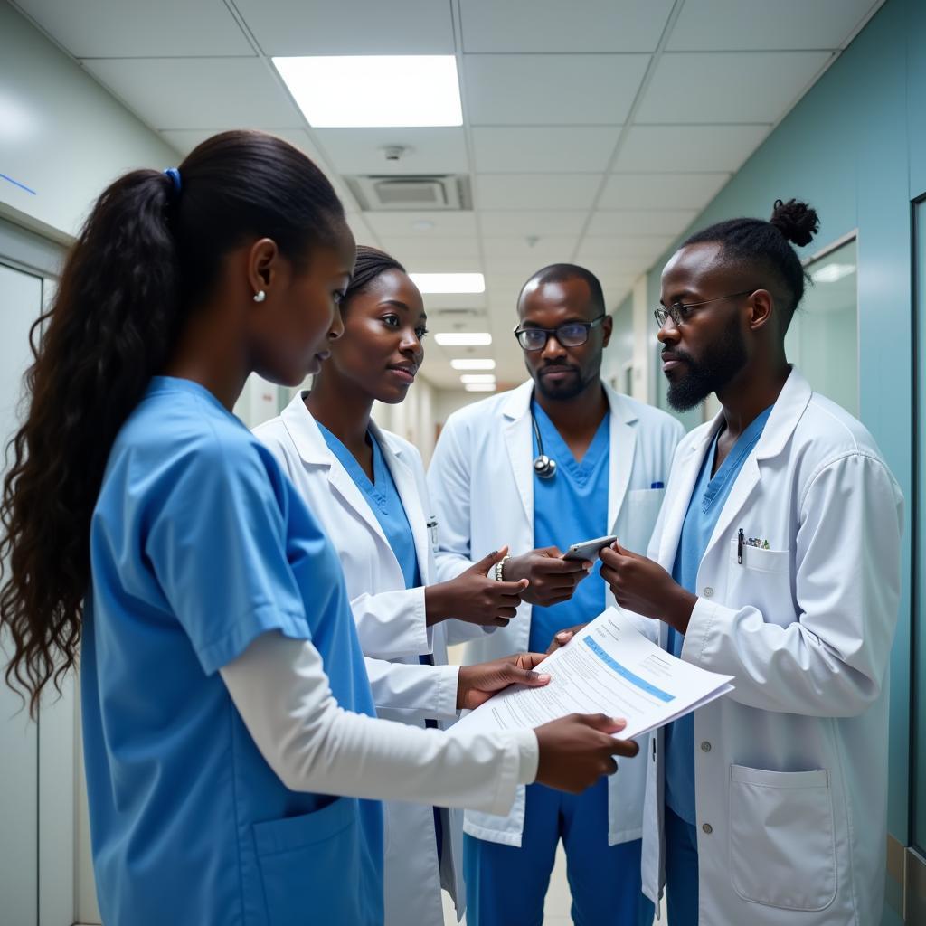 African doctors and nurses collaborating in a hospital setting.