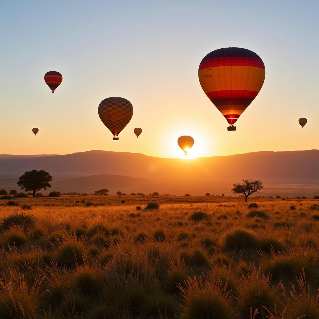 Hot air balloons soaring over the African savanna at sunrise