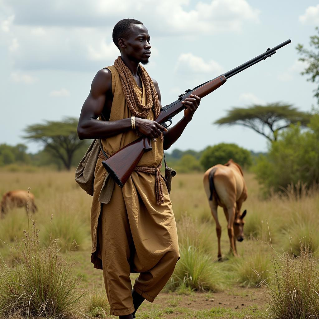 An African hunter holding a rifle in a rural landscape