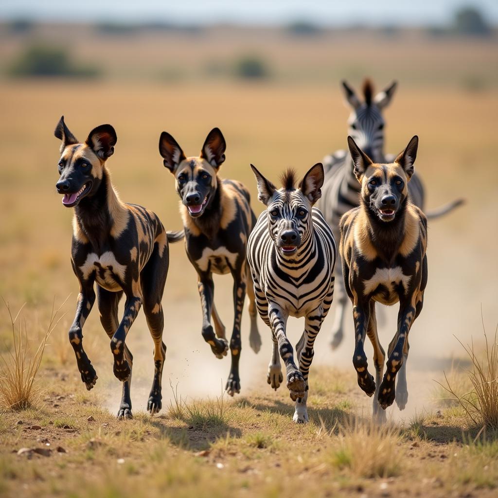 African Hunting Dog Pack Hunting Zebra