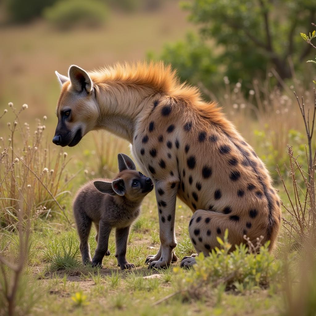 African Hyena Cub with Mother