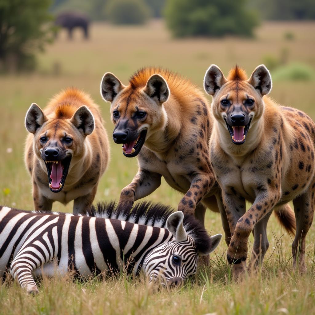 African Hyenas Hunting Zebra