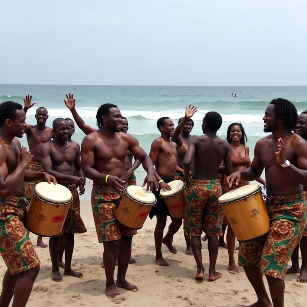 African Immigrants Dancing and Playing Music on the Beach