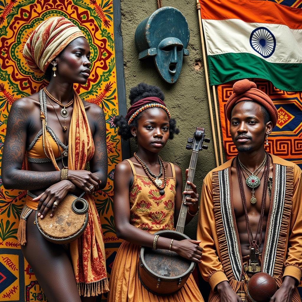 A symbolic representation of African and Indian cultural exchange, showcasing elements like traditional patterns, musical instruments, and artifacts from both cultures.