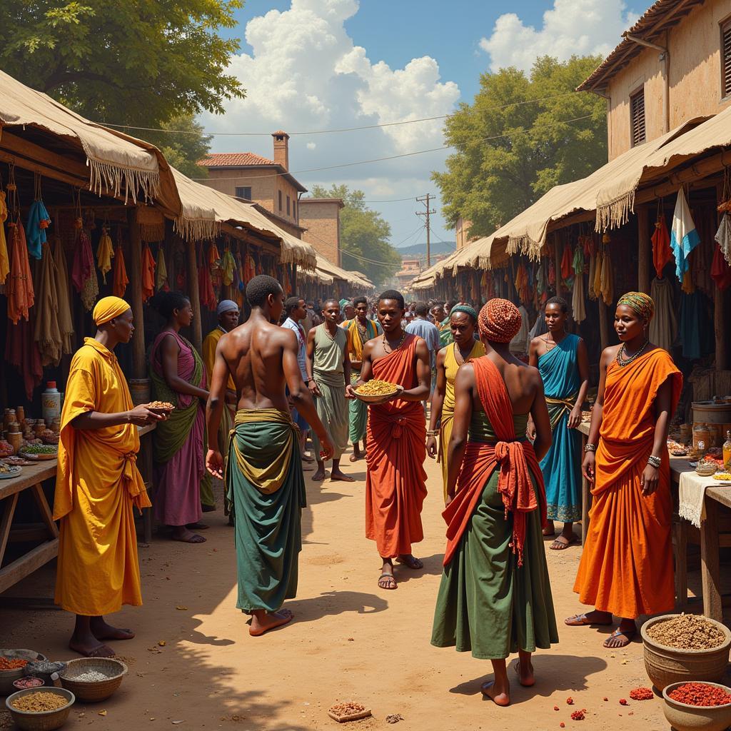 African and Indian Cultural Exchange in a Bustling Market