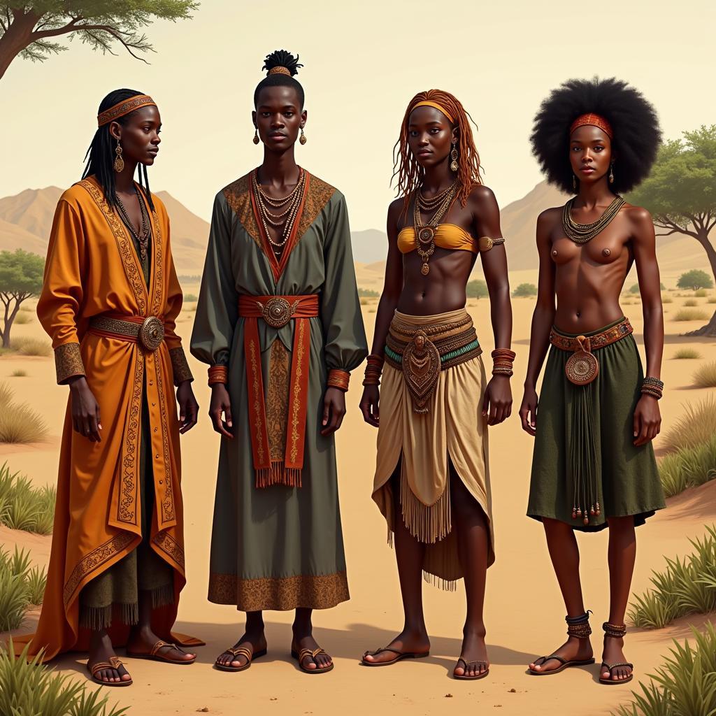 Characters from an African-inspired online RPG, showcasing diverse appearances and clothing styles reflective of various African cultures.