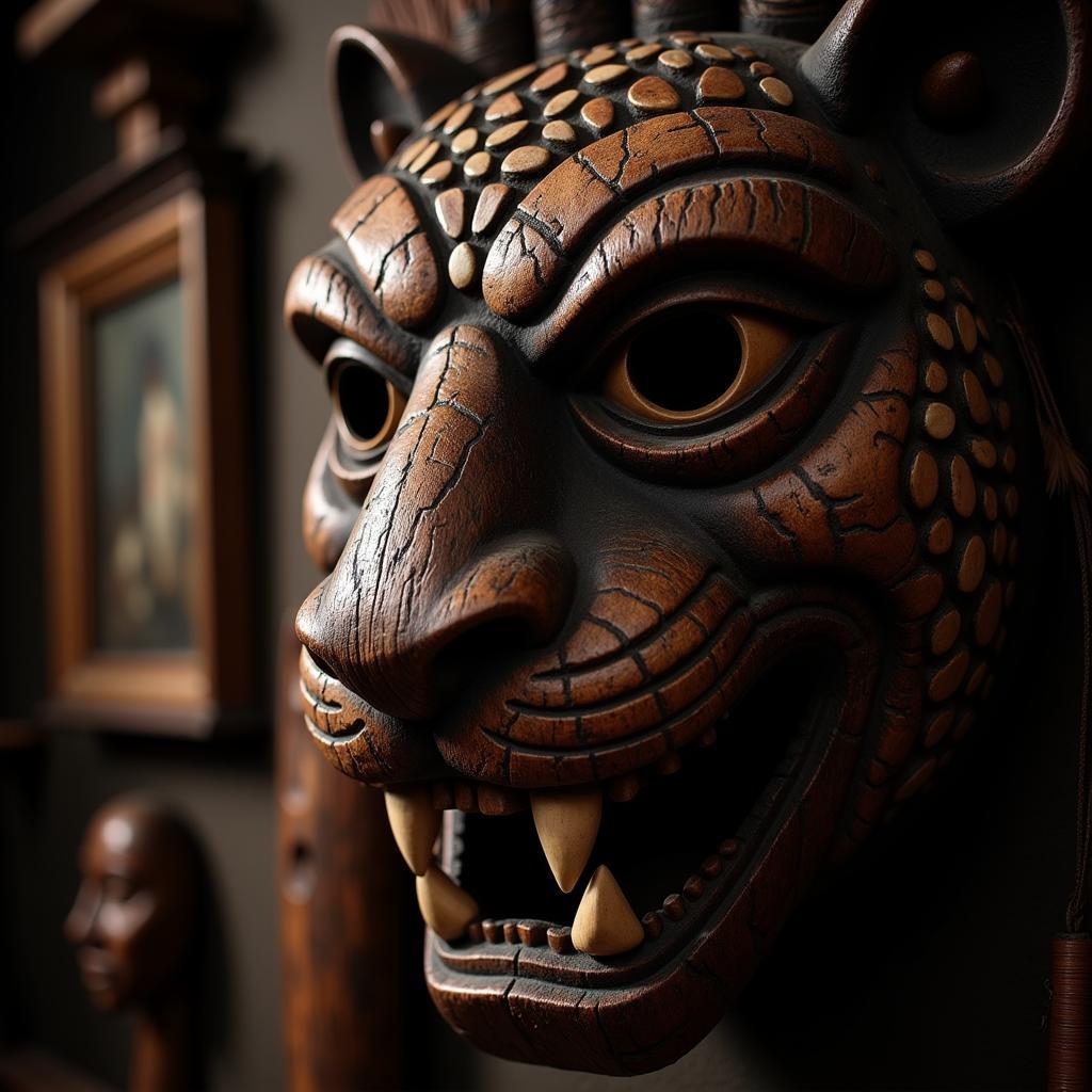 African Jaguar God Mask - A depiction of a stylized mask representing a jaguar deity in an ancient African culture, showcasing intricate carvings and symbolic embellishments.