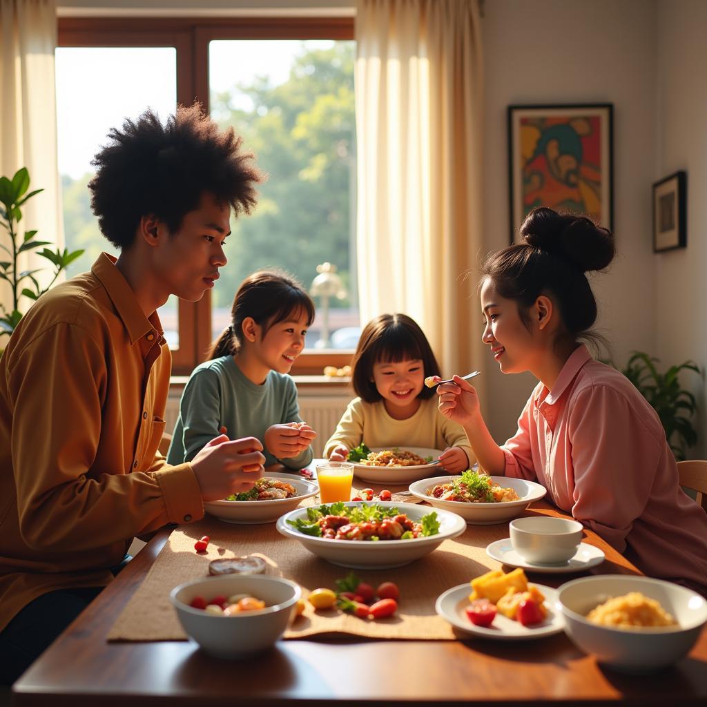 African and Japanese Family Having Dinner Together