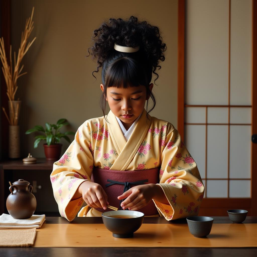 African Japanese girl participating in a traditional Japanese tea ceremony