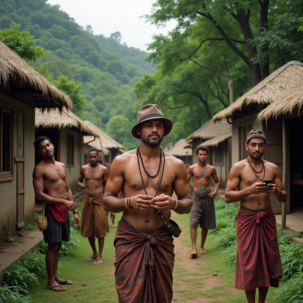 Members of an African jungle community interacting with outsiders, showcasing a blend of traditional and modern clothing.