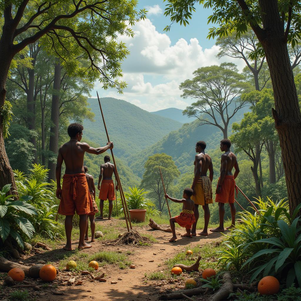 Indigenous tribe hunting and gathering in the African jungle