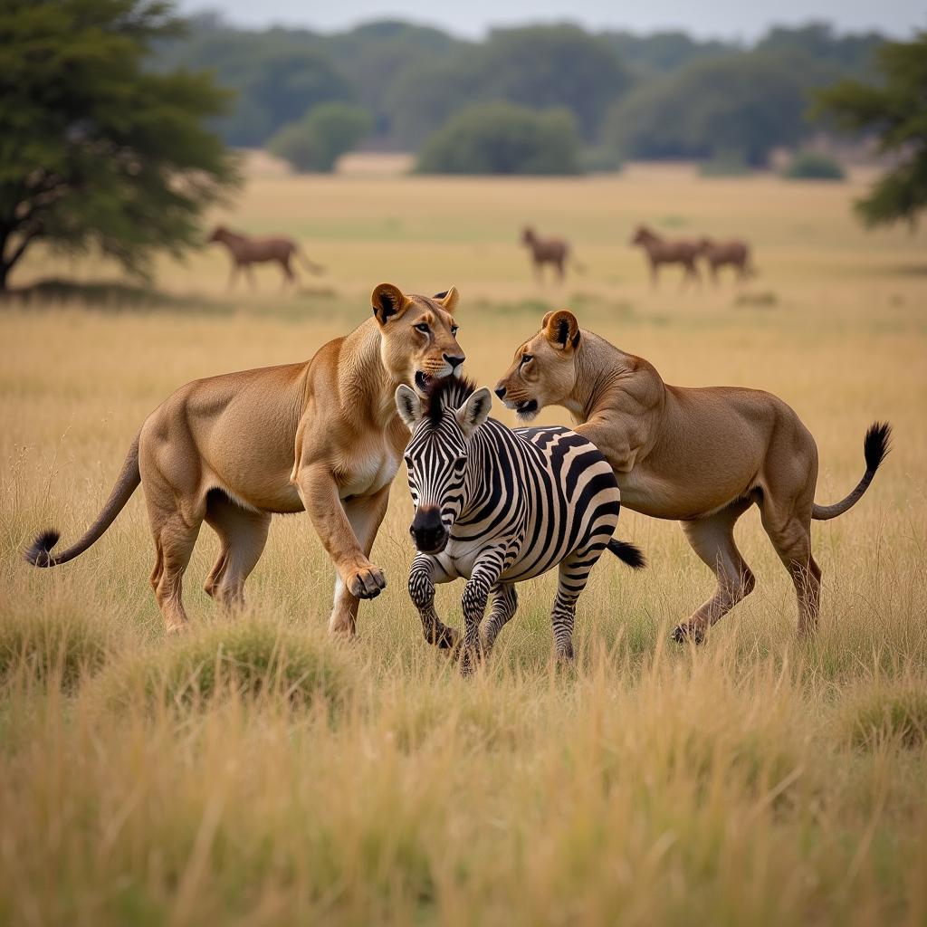 African Jungle Lion Pride Hunting Zebra