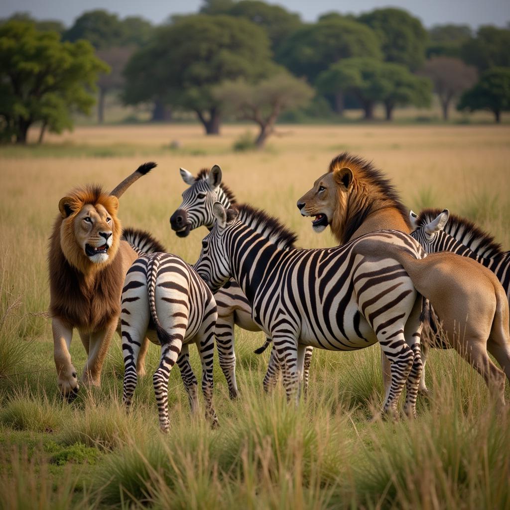 Lions Hunting Zebra in African Jungle