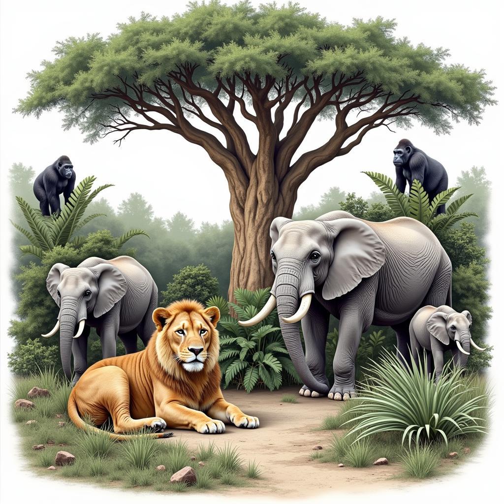 African Jungle Wildlife Drawing: Lions, Elephants, and Gorillas