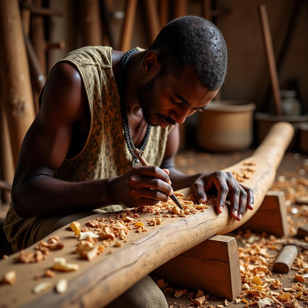 African Craftsman Working on a Jungle Wooden Bench