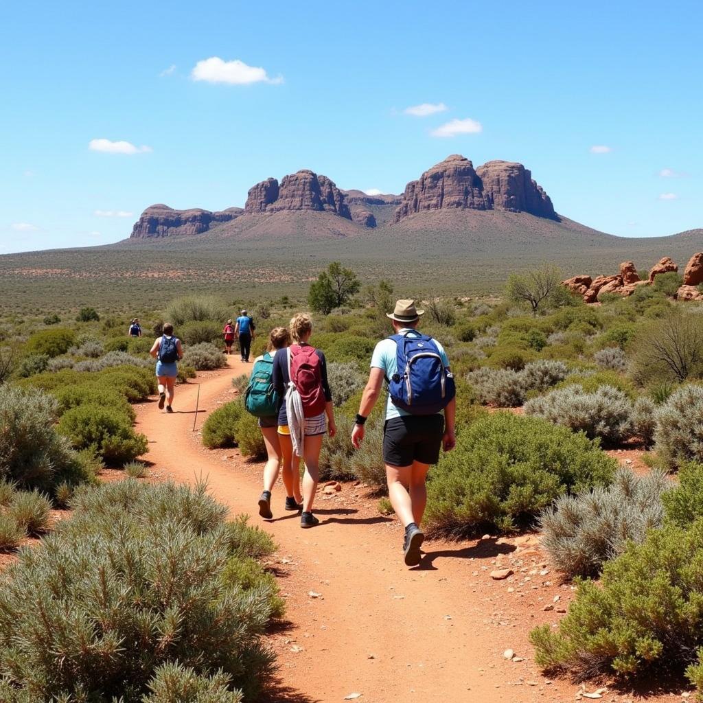 African Karoo National Park Activities: Hikers traversing a trail with panoramic views of the park's landscape.