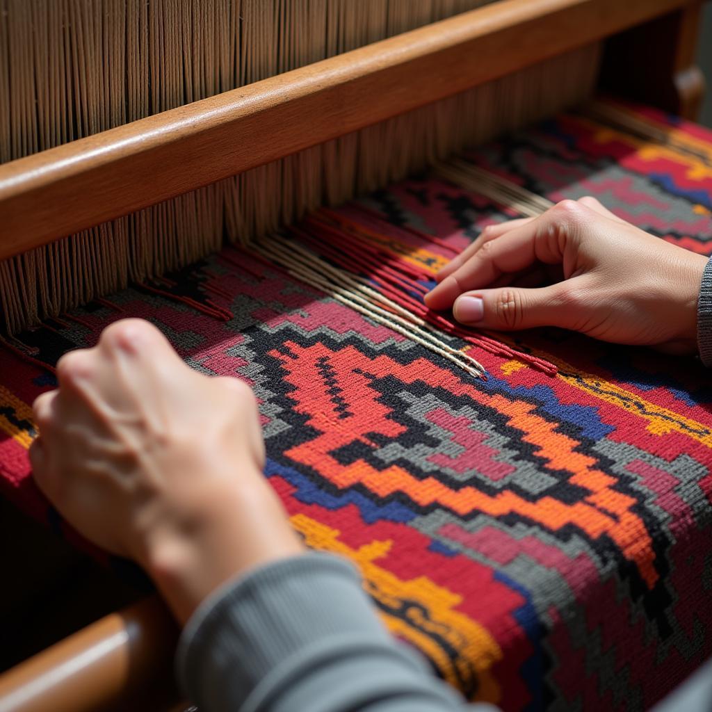 Traditional Berber Loom Weaving an Intricate Kilim Design