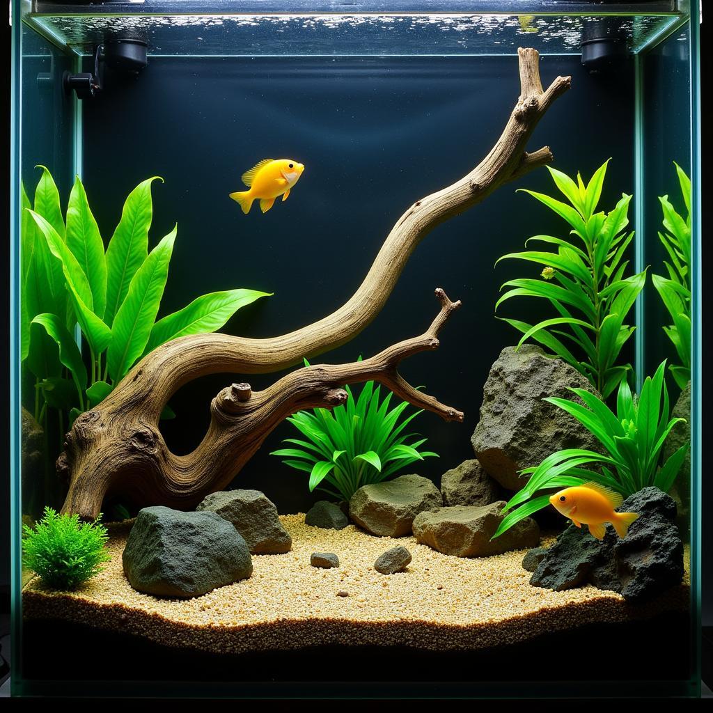 African Knife Fish Tank Decorated with Driftwood and Plants