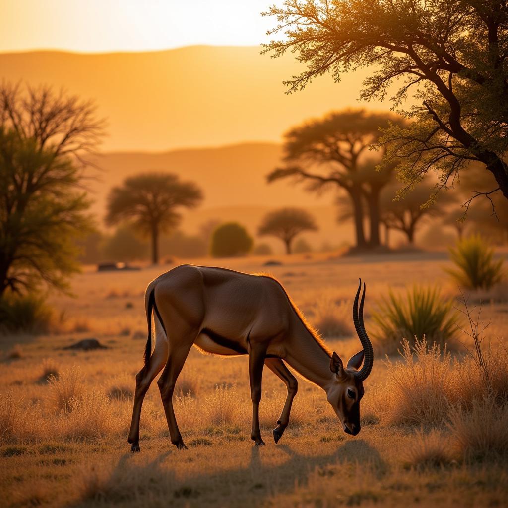 An African kudu antelope grazes peacefully in the African savanna.